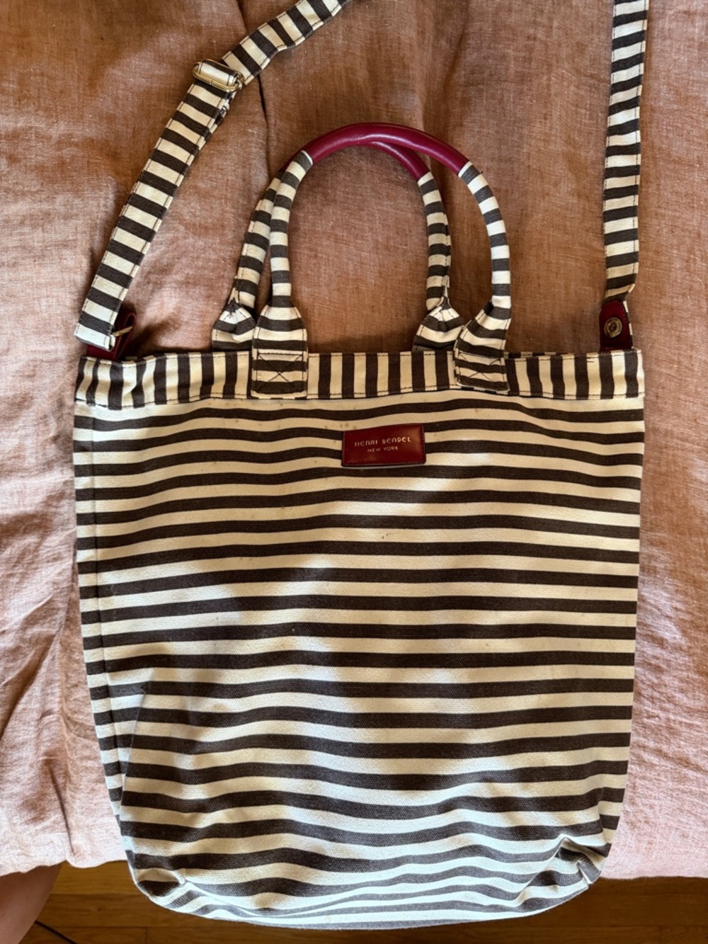henri bendel Black and White Striped Canvas Tote with Burgundy Handle Trim
